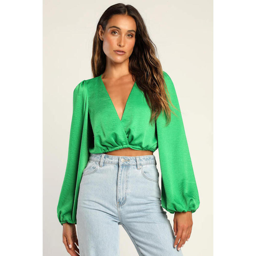 Lulus Chic Confessions Green Satin Long Sleeve Wrap Crop Top - Size XL